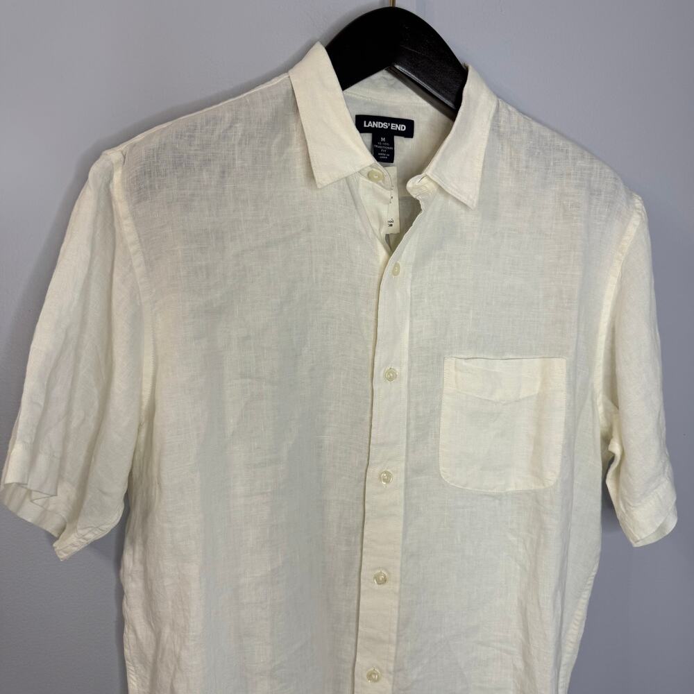 Lands' End Cream Linen Short Sleeve Shirt Beach Vacation Coastal Men's M New - Picture 2 of 11